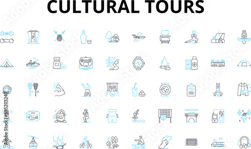 Cultural tours linear icons set. Heritage, Tradition, Folklore, Festivals, Customs, History, Art vector symbols and line concept signs. Music,Dance,Food illustration