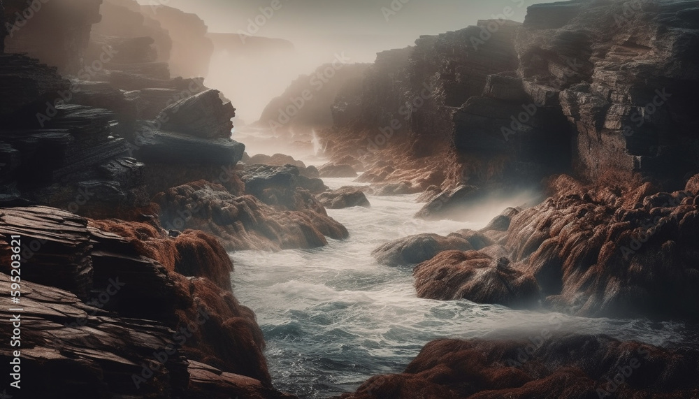 Majestic stone cliffs break waves at Big Sur generated by AI
