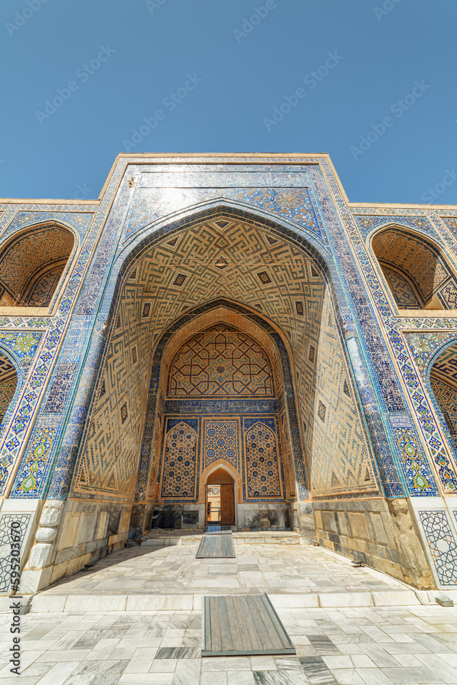 Colorful arched niches at courtyard of the Ulugh Beg Madrasah