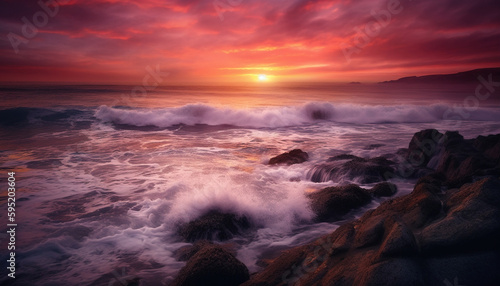 Tranquil seascape at dusk, waves breaking gently generated by AI © Stockgiu