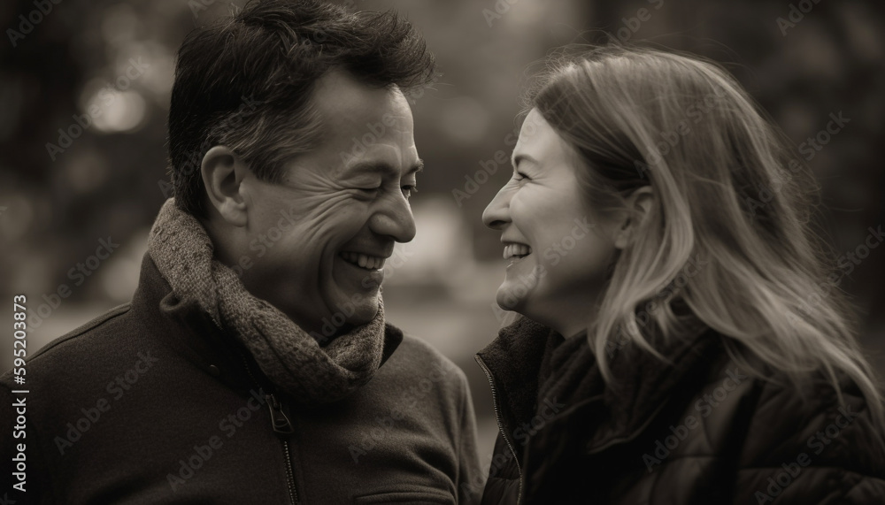 Young couple embracing in nature, smiling joyfully generated by AI Young couple embracing in nature, smiling joyfully generated by AI