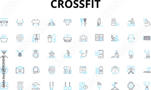 Crossfit linear icons set. WOD, Box, Reps, AMRAP, EMOM, Kipping, Intensity vector symbols and line concept signs. Muscle-ups,Thrusters,Cleans illustration