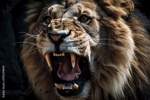 Roaring lion closeup, created with generative AI