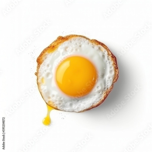 Top view at fried egg on white background, created with generative AI