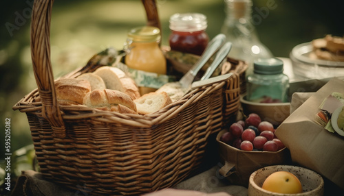 Organic picnic basket filled with gourmet food generated by AI