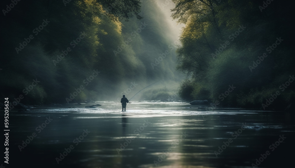 Silhouette of fisherman fishing in tranquil water generated by AI Silhouette of fisherman fishing in tranquil water generated by AI