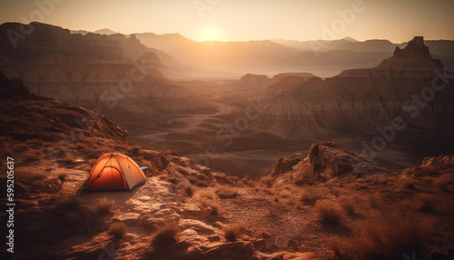 Majestic mountain range, tranquil sunset, camping adventure generated by AI