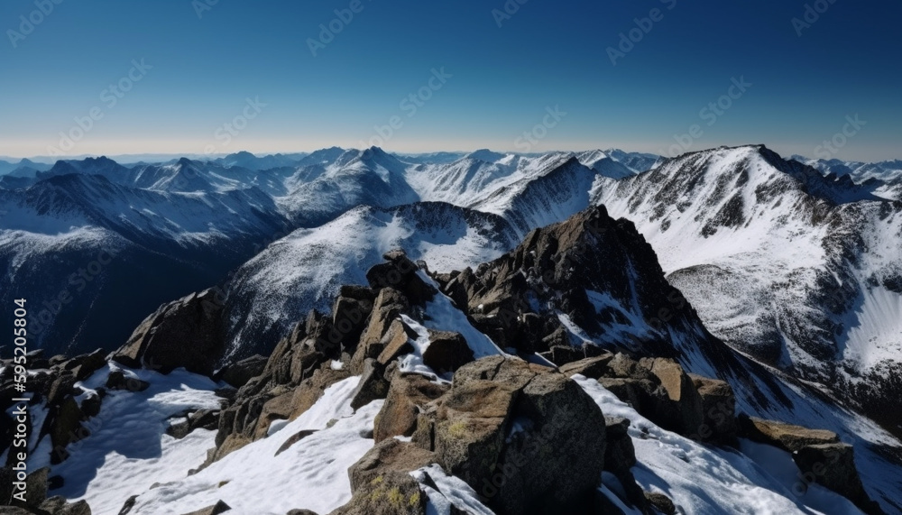 Naklejka premium High up, mountain climbers explore majestic terrain generated by AI