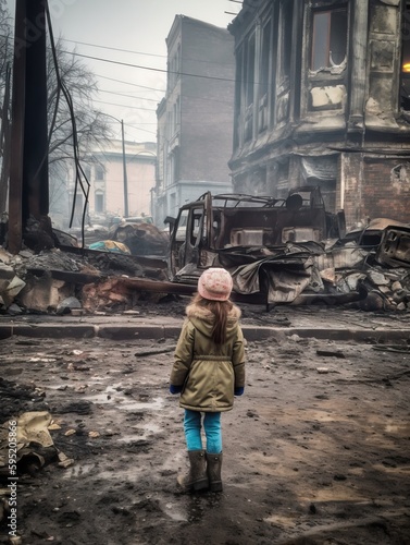 Ein kleines Mädchen auf einer Straße in einer Stadt in der Krieg herscht und sehen das Ausmaß der Zerstörung ,generative AI