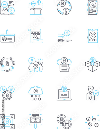 Decentralized economy linear icons set. Blockchain, Cryptocurrency, Peer-to-peer, Distributed, Trustless, Immutable, Tokenization line vector and concept signs. Smart contracts,DeFi,DAO outline