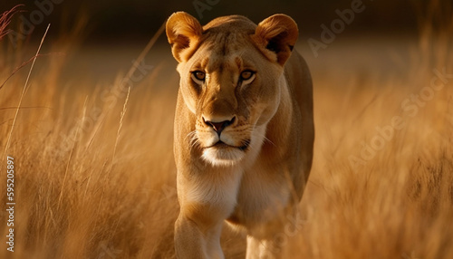 Majestic lioness walking in the African savannah generated by AI