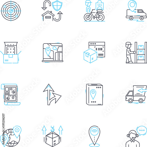 Ocean shore linear icons set. Waves, Sand, Seagulls, Tide, Shells, Beach, Surf line vector and concept signs. Rocks,Cliffs,Spray outline illustrations