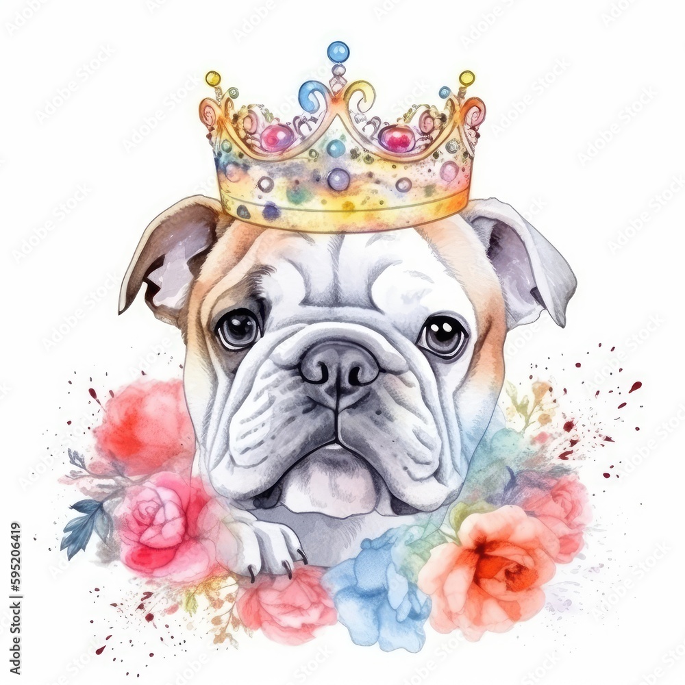 Portrait of a cute bulldog with flowers. Watercolor illustration created using generative AI tools