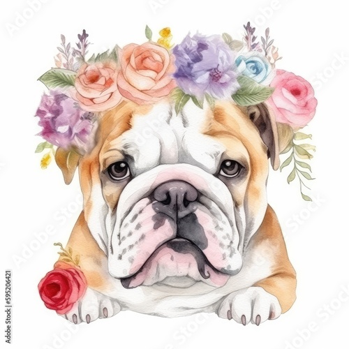 Portrait of a cute bulldog with flowers. Watercolor illustration created using generative AI tools © Salander Studio