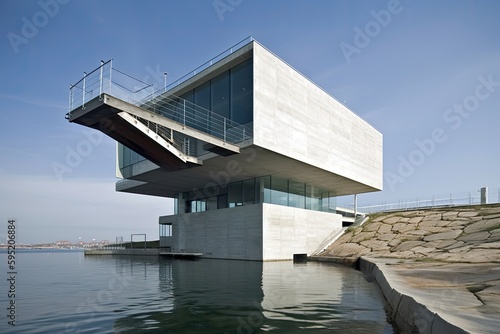 3d render of a modern building on the sea. Generative AI. 