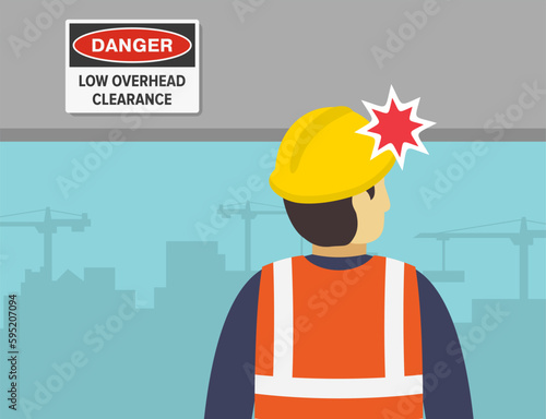 Workplace golden safety rules and tips. Low overhead clearance warning sign on a concrete ceiling.  Head injury view. Flat vector illustration template.