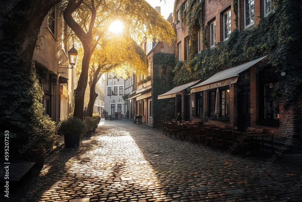 Charming cobblestone street in a quaint German town at sunset - generative AI