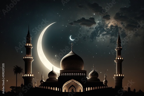 Mosque in the night with moon. Happy Ramadan. Happy Raya. Generative AI.   © hugo