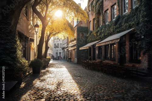 Charming cobblestone street in a quaint German town at sunset - generative AI