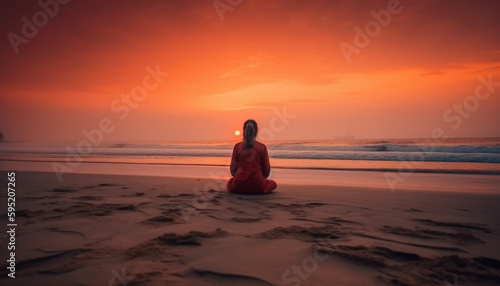 One woman meditates in lotus position outdoors generated by AI