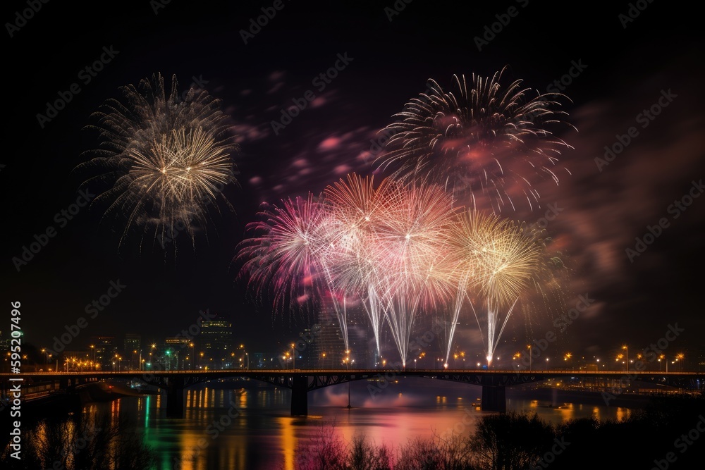 Fireworks over the river. Generative AI.