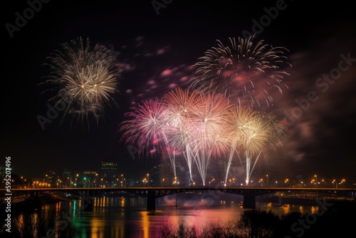 Fireworks over the river. Generative AI.