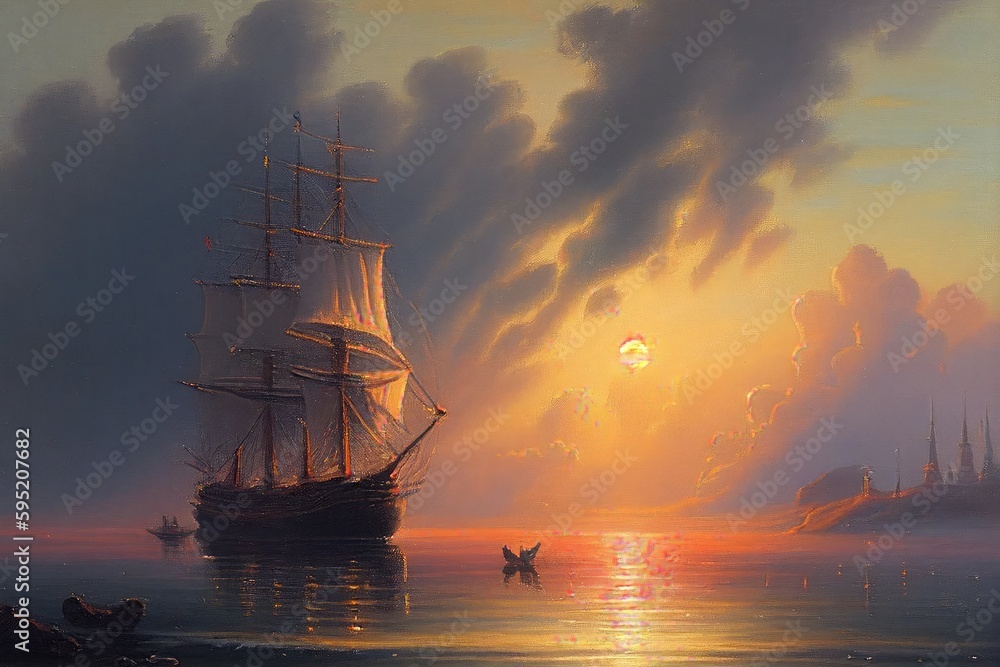 Fototapeta premium Ship at the sea in the sunset. Generative AI.