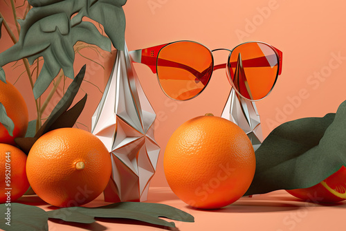 Orange fashion glasses with orange fruit in the background. Generative AI.