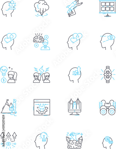 Deliberation linear icons set. Decision, Analysis, Consideration, Discernment, Examination, Reflection, Review line vector and concept signs. Thoughtfulness,Judgment,Assessment outline illustrations