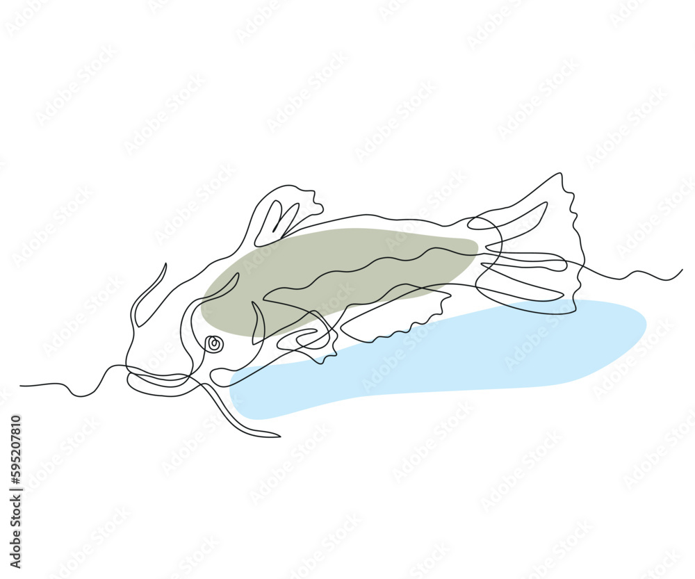 Naklejka premium abstract Predatory Fish with Whiskers, Catfish Continuous One Line Drawing