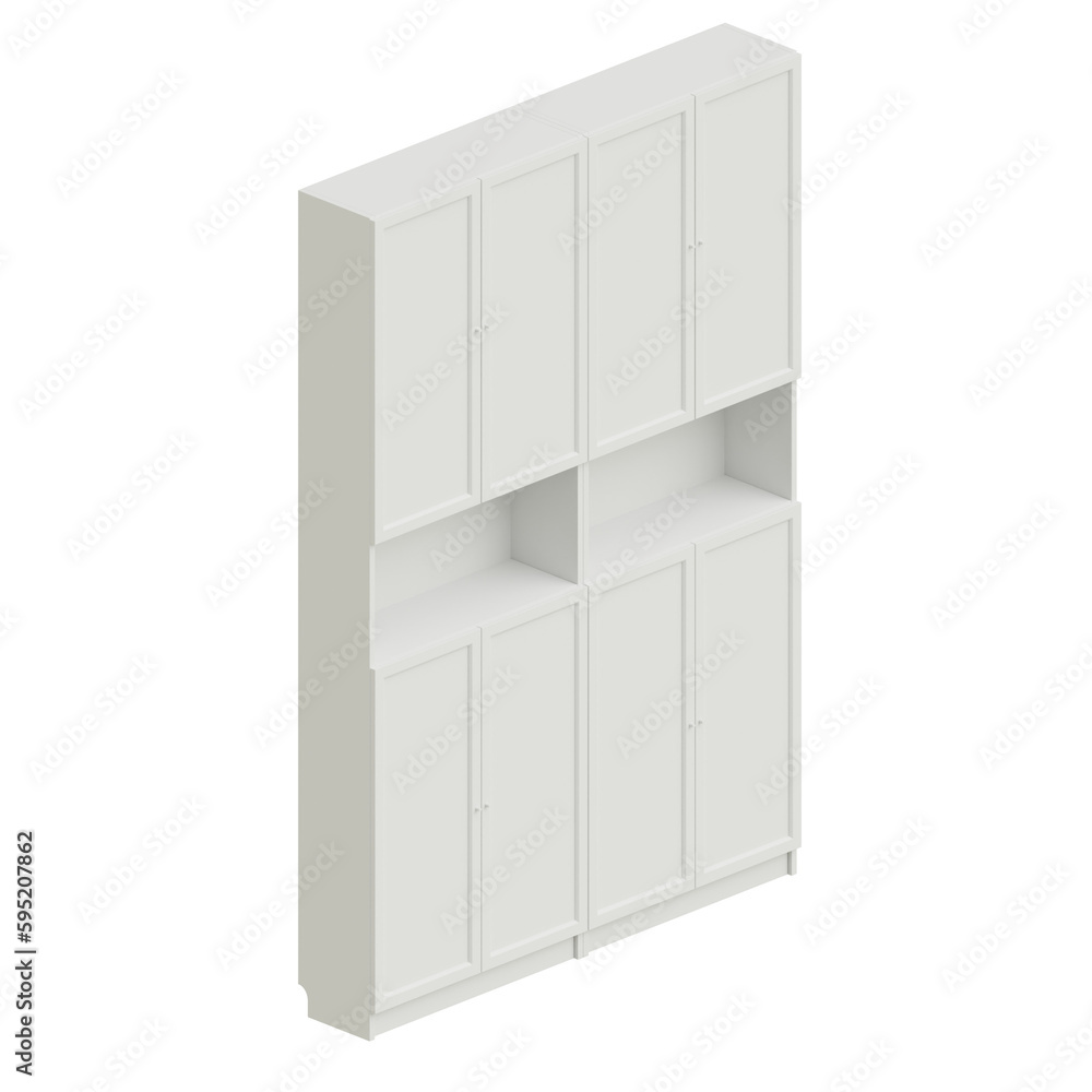 White wooden cabinet or dresser furniture set cutout. Isometric view White wooden cabinet or dresser furniture set cutout. Isometric view