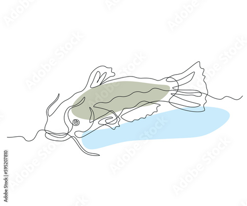 abstract Predatory Fish with Whiskers, Catfish Continuous One Line Drawing