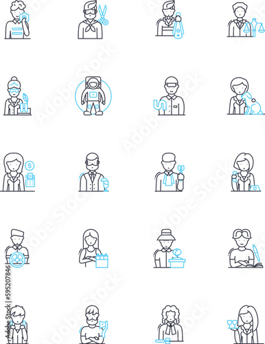 Employment linear icons set. Job, Career, Resume, Interview, Salary, Benefits, Workforce line vector and concept signs. Hiring,Recruitment,Skills outline illustrations