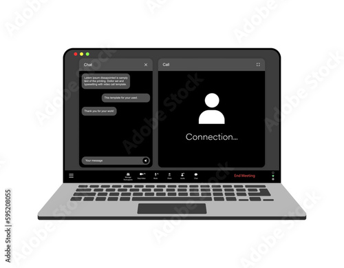 Videocall interface, video call screen icons and UI template for laptop, vector overlay. Video conference or videocall online chat mockup for laptop application with call buttons