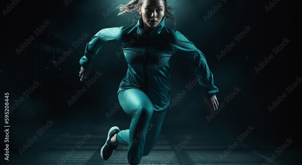 Running woman. Photo of sportswoman in motion on white background. AI digital illustration.	