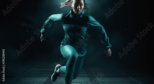 Running woman. Photo of sportswoman in motion on white background. AI digital illustration. 