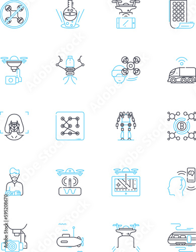 Digital transporting linear icons set. E-commerce, Virtual, Online, Cyber, Hologram, Electronic, Transmission line vector and concept signs. Blockchain,Cloud,Teleportation outline illustrations