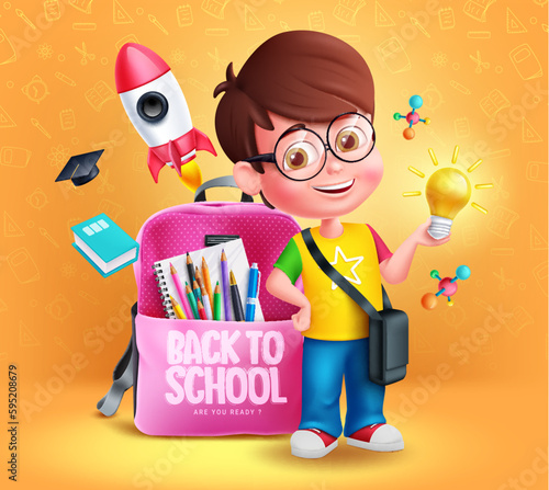 Back to school vector concept design. Schoolboy character with bag, rocket and color pencil educational elements. Vector illustration in yellow background.  