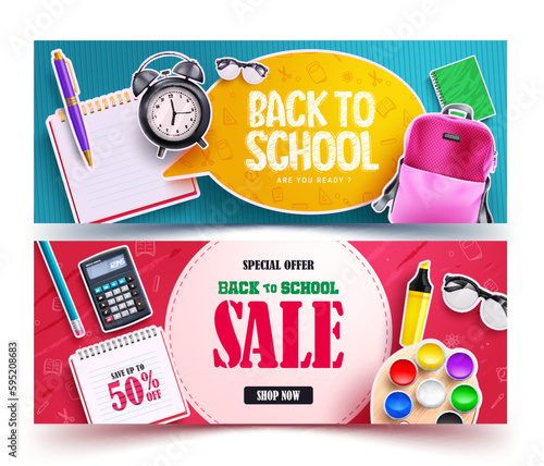 Back to school sale vector banner set design. Back to school sale with special offer up to 50% off for student supplies. Vector illustration education promo lay out collection. 
