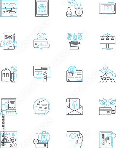 Paperless payments linear icons set. Electronic, Digital, Online, Instant, Secure, Convenient, Mobile line vector and concept signs. Contactless,Cashless,Eco-friendly outline illustrations