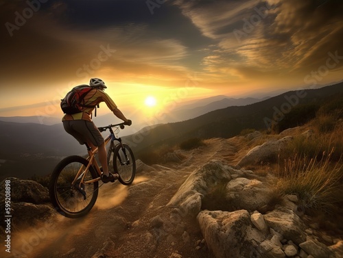 Mountainbiken im Gelände in den Bergen bei Sonnenunter, Generative AI © Grüner