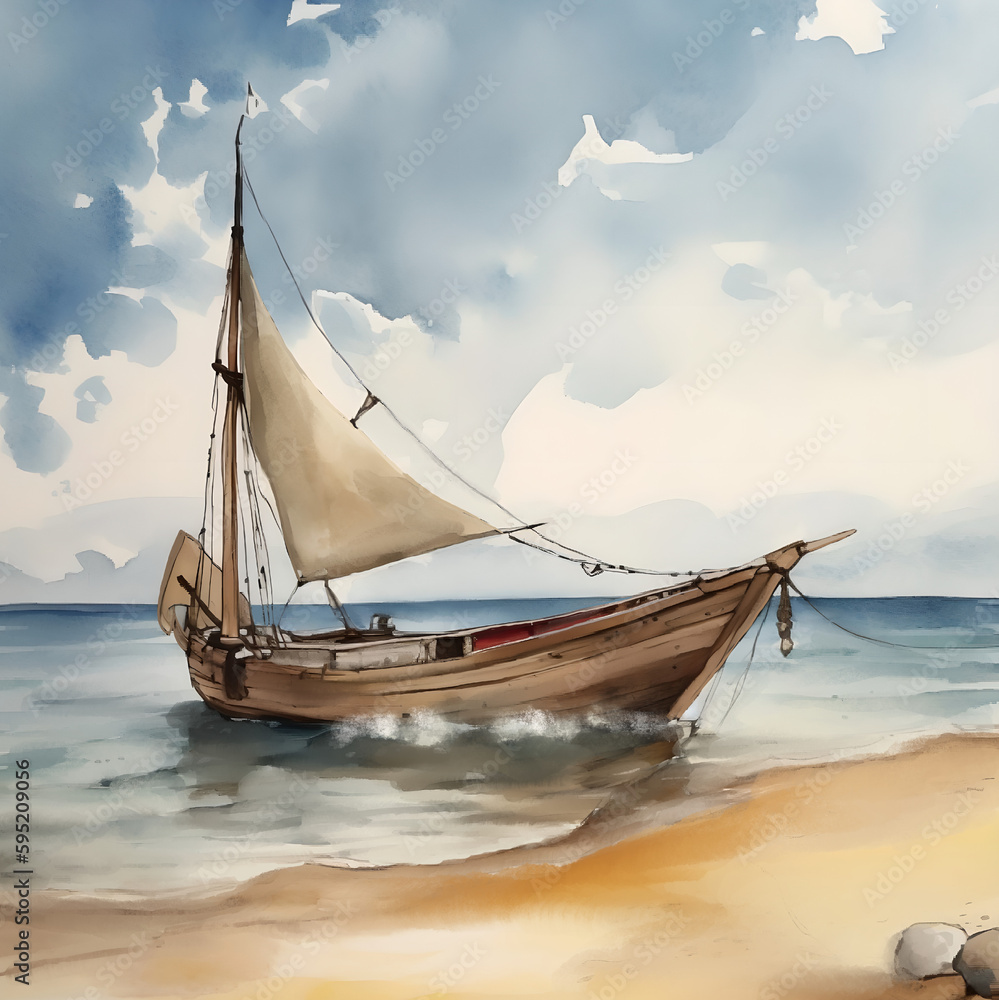 Fototapeta premium boat on the beach watercolor illustration