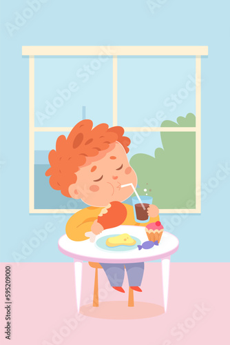 Cute boy eating lunch food in school canteen interior vector illustration. Cartoon female school student sitting at table of cafeteria near window to eat healthy meals in campus cafe at lunchtime