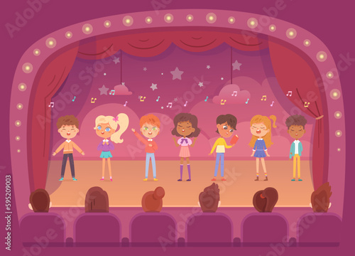 Children sing to music on theater stage with red curtains vector illustration. Cartoon school band of girls and boys singing song in chorus, cute happy singers characters show concert performance