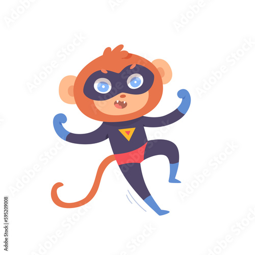 Cute monkey superhero, brave animal flying and showing strong muscles and strength