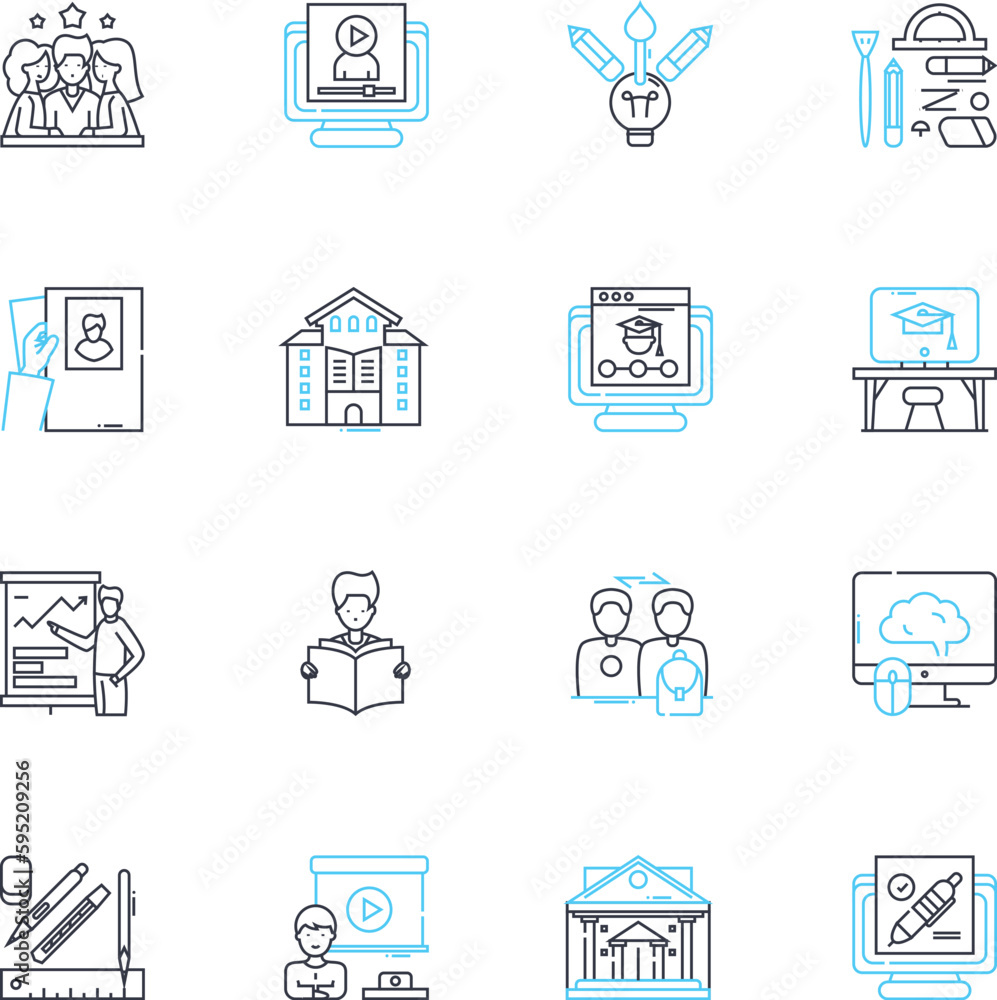 Present-day teaching linear icons set. Technology, Assessment, Differentiation, Collaboration, Inclusion, Innovation, Engagement line vector and concept signs. Curriculum,Standards,Adaptability