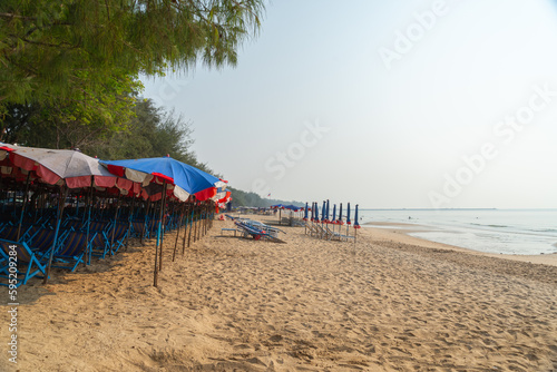 The Sand beach with umbrella of cha-am beach at petchaburi province,Thailand