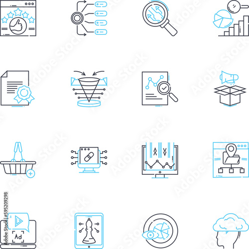 Search media linear icons set. Google, Bing, Yahoo, DuckDuckGo, Search, Results, Optimization line vector and concept signs. Algorithm,Keywords,Ranking outline illustrations photo