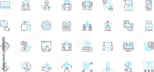 Project Planning linear icons set. Strategy, Initiative, Mission, Objectives, Scope, Budget, Schedule line vector and concept signs. Timeline,Resource,Task outline illustrations
