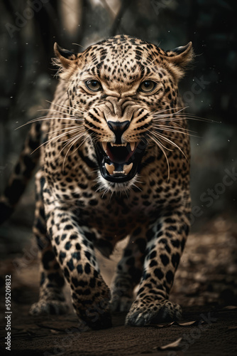 Wild Leopard panthera roaring aggressively. Jungle forest running generative ai